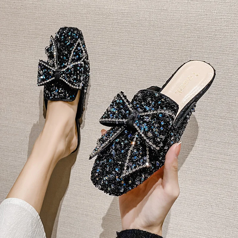 

2023 Bow-Wrapped Women Half Slipper with Sequins Flat Casual Sandals Women's Muller Shoes Large Size QC1225-5