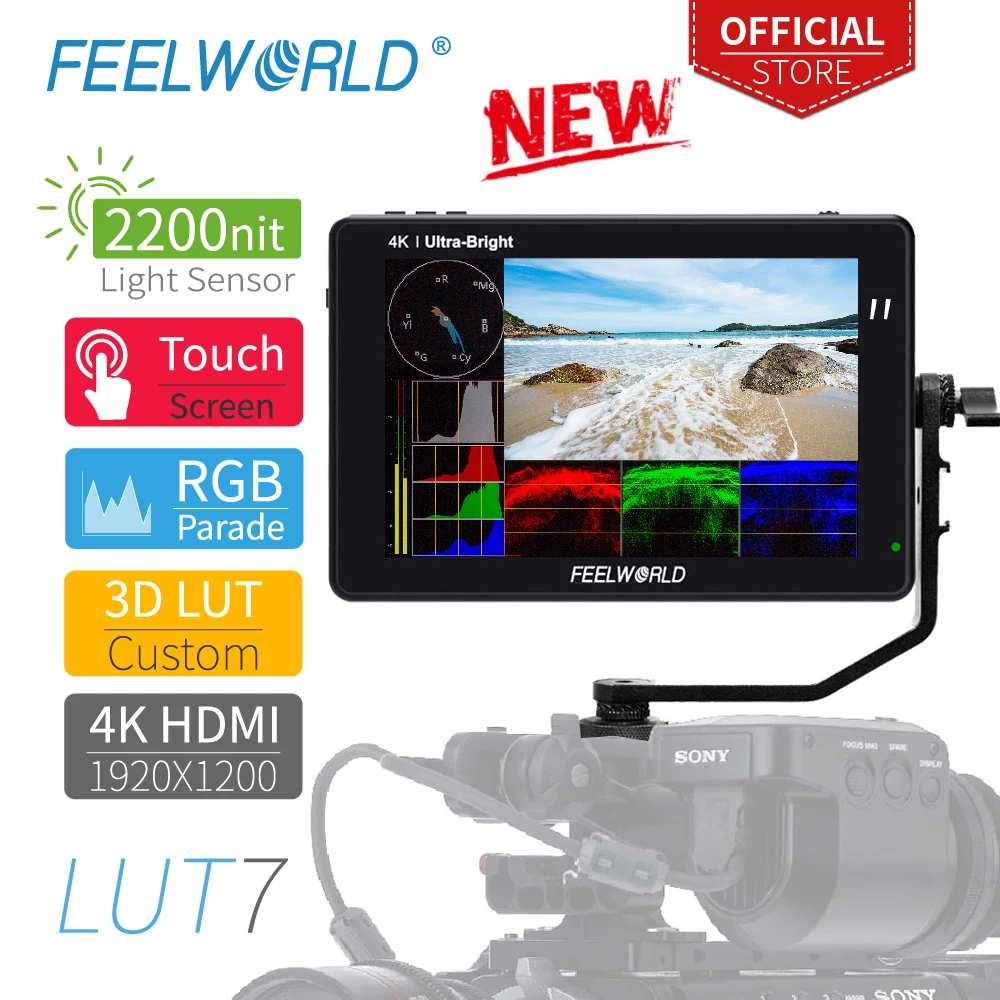FEELWORLD LUT7 7 Inch 3D LUT 2200nits Touch Screen DSLR Camera Field Monitor with Waveform VectorScope Histogram