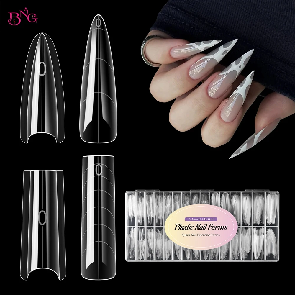 BNG 240 Moldes Doble Forma Cuadrada Stiletto Reutilizables para Uñas Postizas de Cobertura Completa, Herramientas de Manicura Transparentes