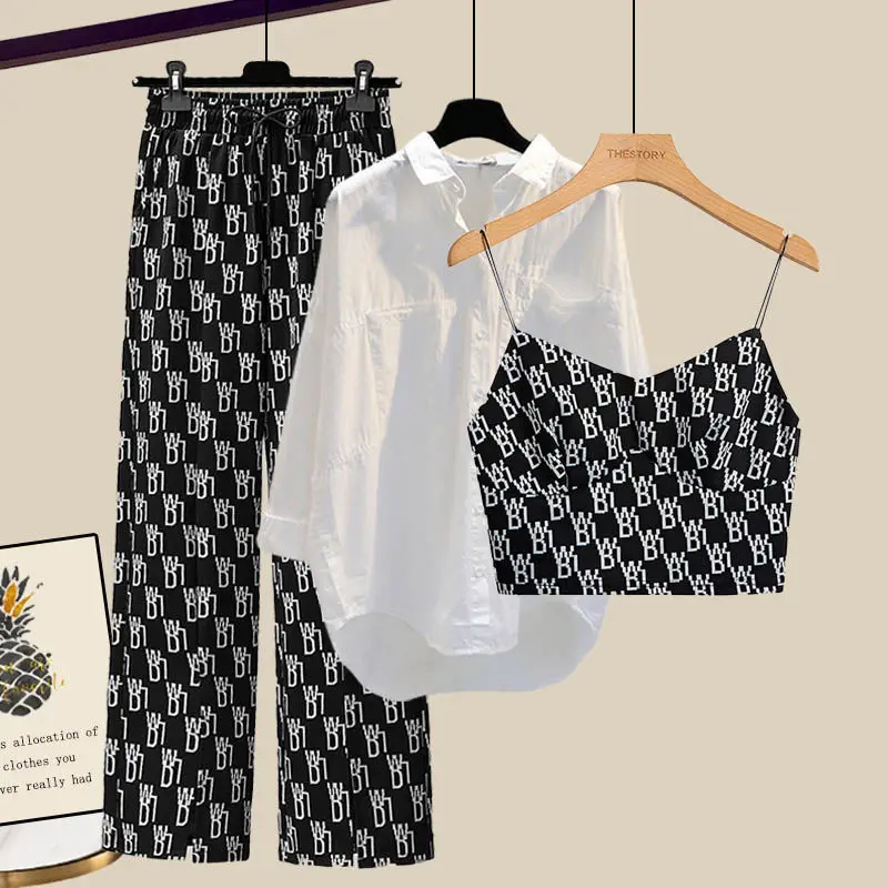 

Summer Elegant Women's Pants Set White Shirt Blouse Vest Creative Letter Wide Leg Trousers Three Piece Set Leisure Tracksuit