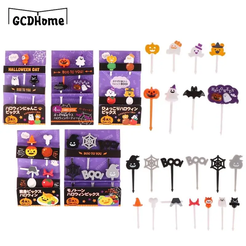 

3-6pc Cartoon Halloween Pumpkin Ghost Dessert Snack Cake Food Fruit Fork Children Toothpic DIY Bento Lunches Party Decor