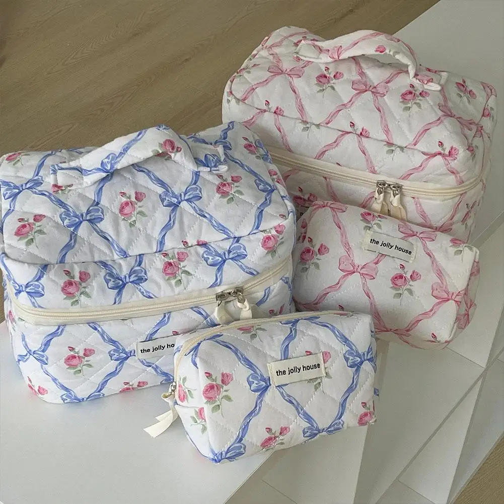 Cute Bow Flower Quilting Makeup Bag Women Zipper Cosmetic Organizer Female Cloth Handbag Portable Toiletry Case For Girls 4
