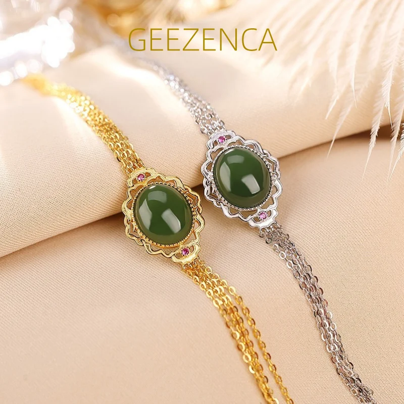 

GEEZENCA Natural Jasper S925 Silver Multi Chain Link Bracelet For Women Green Jade Luxury Simple Chic Bracelets 2023 New Gift