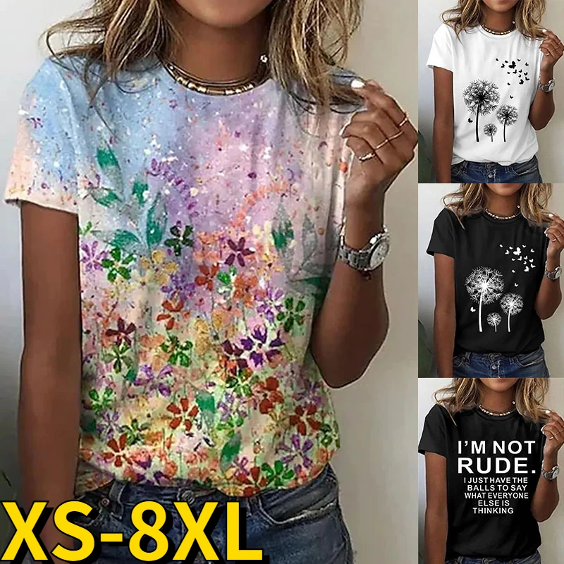 

2022 Fashion Flower Print Tee Women Everyday Short Sleeve Summer Casual Tops Street Loose Tee Ladies Round Collar Loose T-shirt