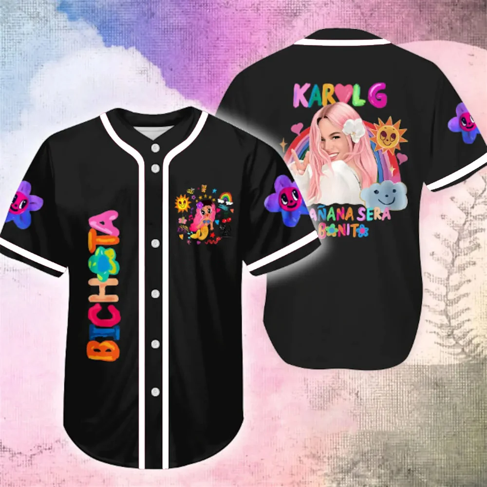 

Karol G Manana Sera Bonito Merch 2023 Tour Baseball Jersey Shirt V-Neck Short Sleeve Tee Men Women Streetwear 3D Clothes