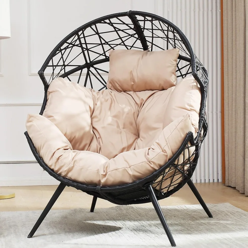 Egg Chair - Outdoor Patio Egg Chair Indoor Wicker Egg Lounger Chair with Cushion and Stand for Living Room Patio Backyard (Beige 3