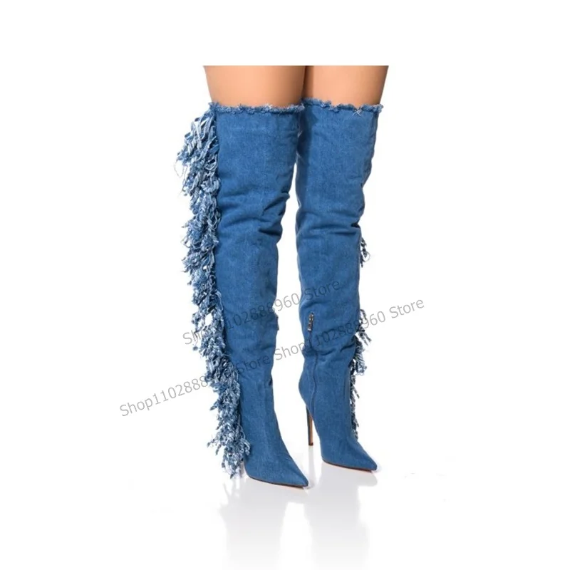 

Женские джинсовые сапоги выше колена, синие сапоги с бахромой, на высоком каблуке-шпильке, с боковой молнией и острым носком, 2023