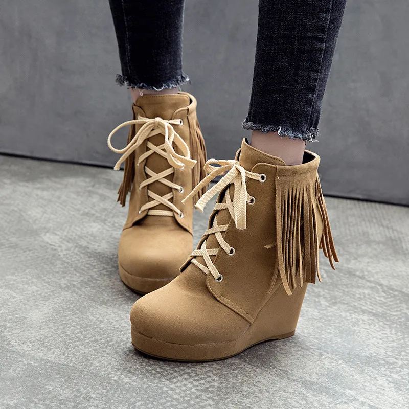 Botines De Invierno Mujer Con Flecos - Tacón, Plataforma, Antideslizante, Estilo Vaquero Retro
