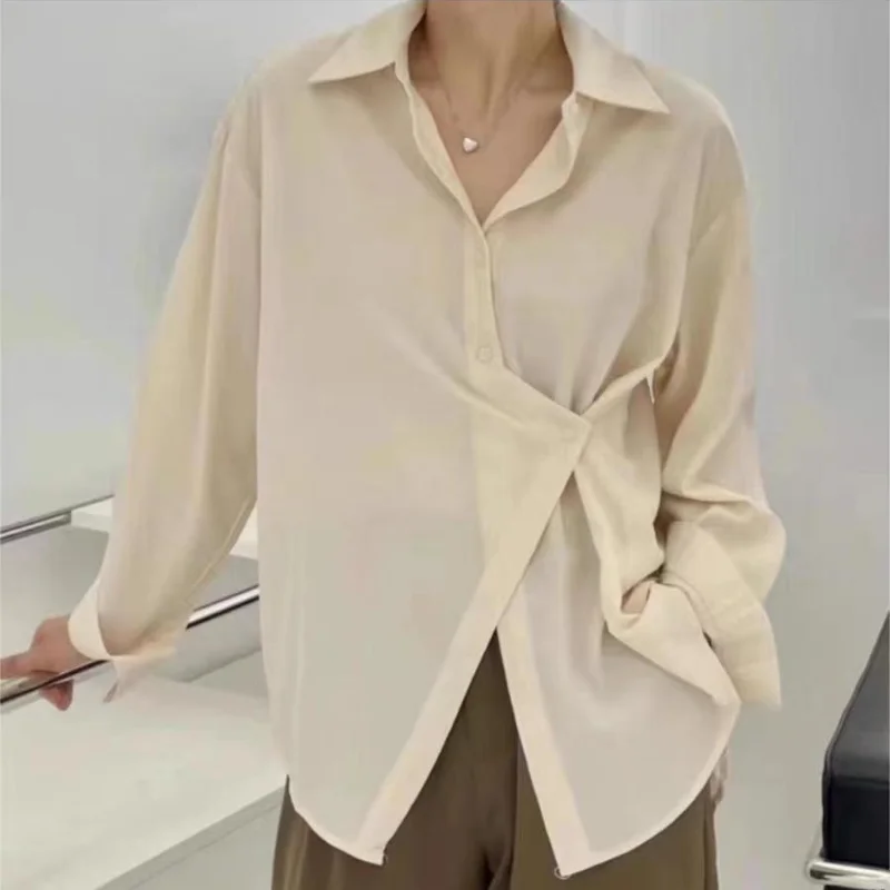 Women's Clothing 2023 Autumn and Winter Fashion New Commuter Versatile Spliced Button Round Neck Long Sleeve Solid Color Shirt