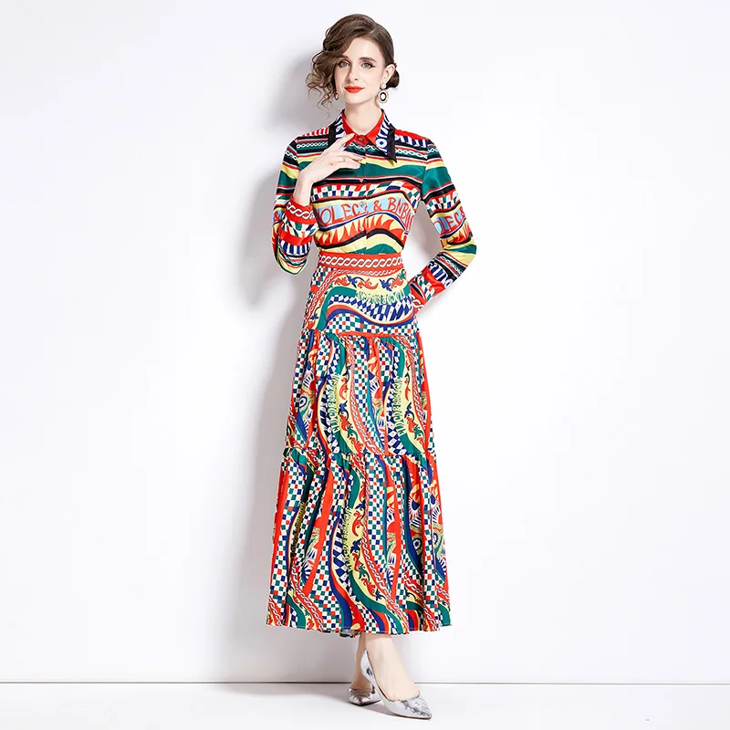 

2024 Fashion Colorblock Plaid Letters Print 2 Pieces Set Women Long Sleeve Shirt Top + Elastic Waist Maxi Skirt Suit Clothing