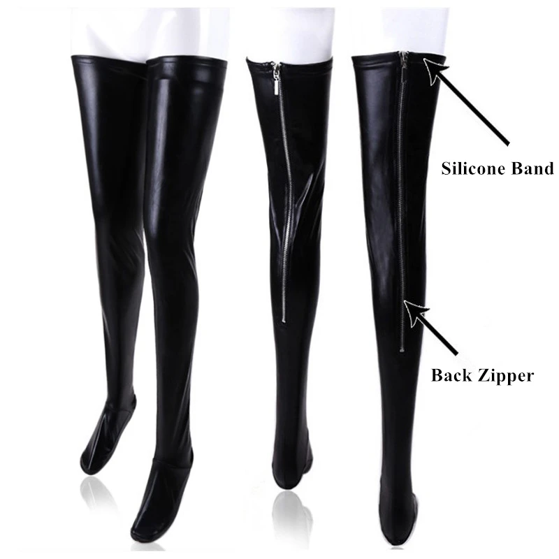 Punk Schwarze PU-Lederstrümpfe Oberschenkelhohe rutschfeste Strümpfe S-XXL Plus Size Wet-Look Clubwear Damen Nachtclub Lange Socken