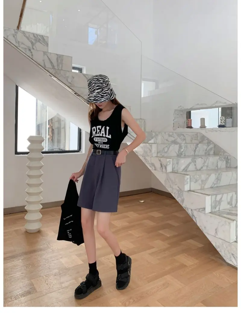 High Waist Straight Solid Blue Color Casual Suit Women's Shorts Clothing 2022 Summer Korean Style Shorts Woman Clothes dolphin shorts