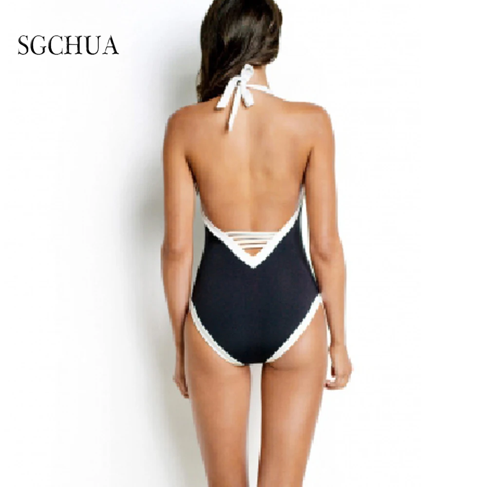 SGCHUA 2020 New Sexy Black Lace One Piece Swimsuit Women Solid Mesh Plus Size XXL Swimwear See Through Beach Shape Bathing Suit