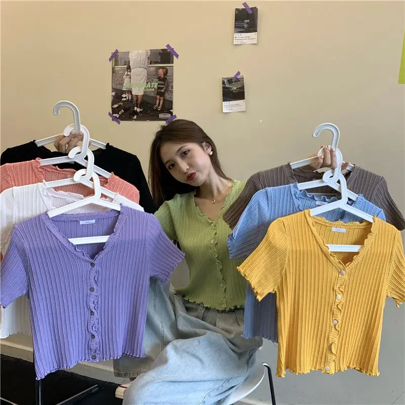 

Clothes Summer Chic Button T Shirt Women Harajuku Fashion Girl Basic Korean Street Female Casual Tops Butterfly Sleeve Solid Tee