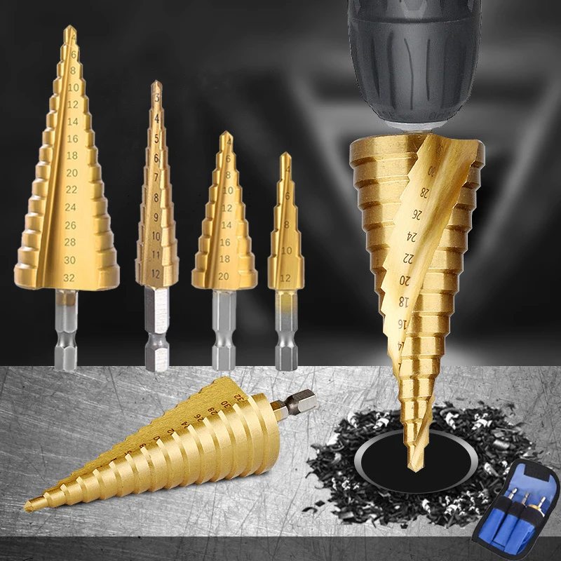 

Hss Steel Titanium Coated Step Drill Bits 3-12mm 4-12mm 4-20mm Step Cone Cutting Tools Steel Wood Metal Drilling Power Set Drill
