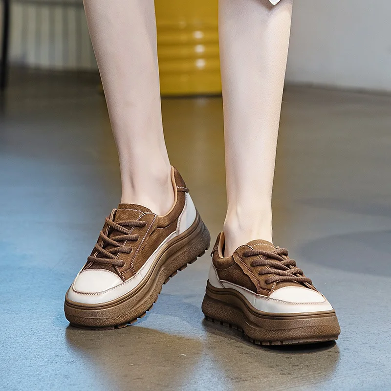 DRKANOL Fashion Mixed Colors Genuine Leather Casual Sneakers Women Thick Bottom Shoes Retro style Lace-Up Comfort Single Shoes 6