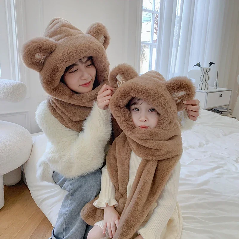 

Winter Warm Scarf Gloves Hat Set Faux Fur Cartoon Novelty Parent-child Accessories Soft Cap New Korean Style Thicken Warm Hat
