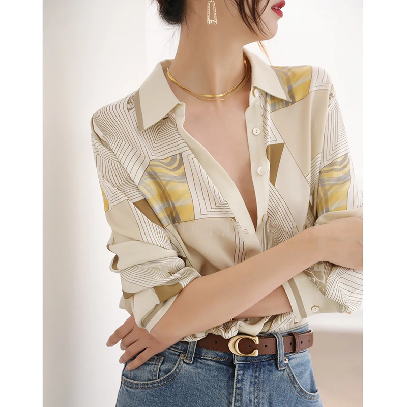 Women's Clothing Trendy Striped Print Elegant Button Up Shirt Spring Autumn Luxury Designer Business Casual Office Lady Blouses