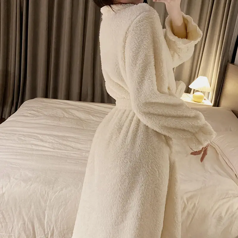 Heart Robe for Women Belt Sleepwear Nightdress Winter Night Wears Pajama Nightgown Long Sleeve Warm Fleece Homewear Japanese New