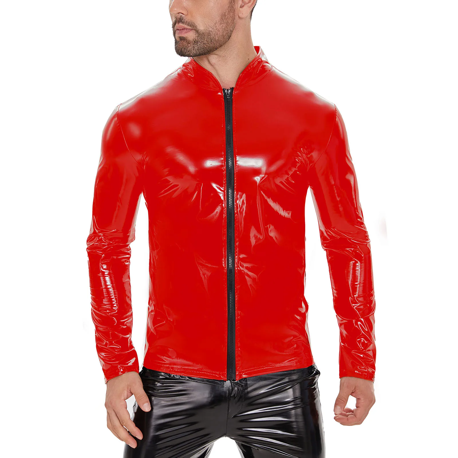 

Plus Size Mens Shiny Leather Shirt Long Sleeve Full Zippper Glossy PVC Leather Tops Latex Stand Collar Shaping Casual Coat Sexi