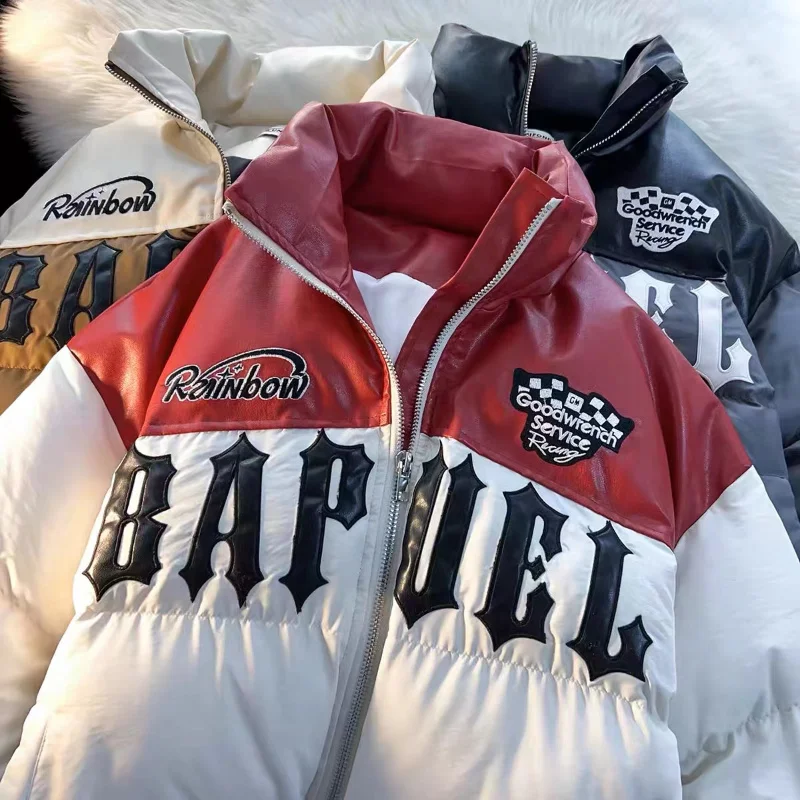 

Retro Embroidery Letter Stitching Leather Cotton Jacket Men's Warm Winter American Y2K Style Thickened Cotton Winter Jacket Men