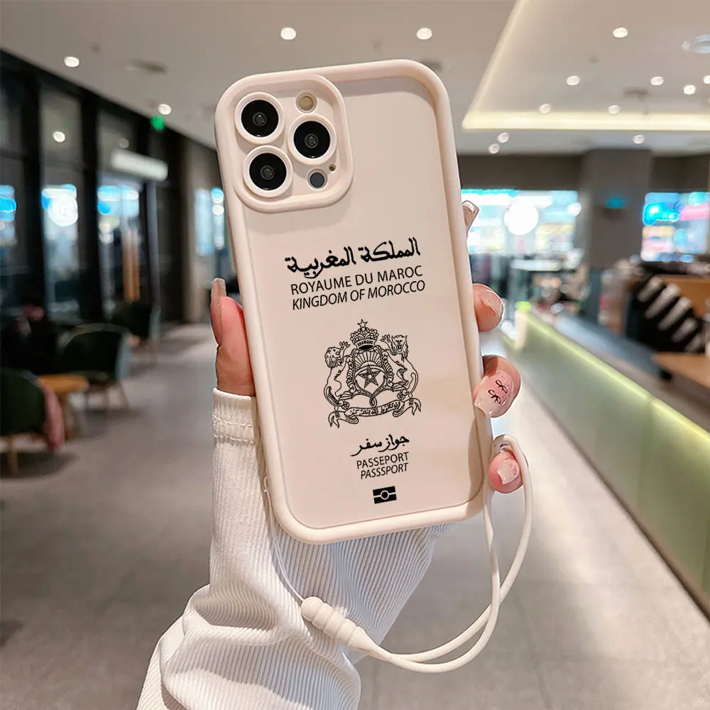 Funda de teléfono con correa de mano para IPhone, carcasa trasera de TPU suave con pasaporte marroquí para IPhone 16, 15, 14, 13, 12, 11 Pro Max, Mini, XR, XS, X, 7, 8 Plus