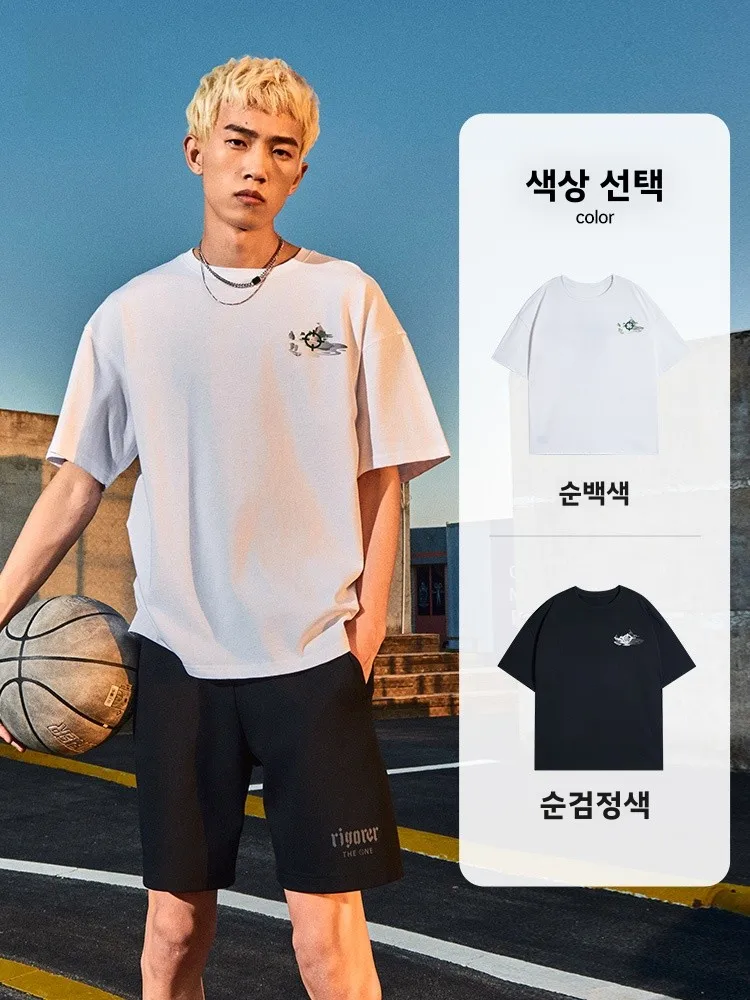 순면 스포츠 티셔츠 라운드 넥 반팔 프린트 남성용 봄 여름 신상 루즈핏 통기성 트레이닝 탑