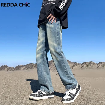 REDDACHIC 남성용 90 년대 레트로 브러시드 배기 청바지, 표백 블루 휘스커 와이드 레그 Y2k 바지, 루즈 캐주얼 바지, 힙합 스트리트웨어