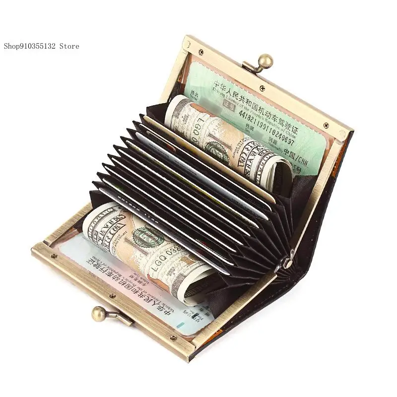 Oil Wax Cowhide Retro Id Card Holder with Multiple Card Slots Business Card Bag for Men and Women