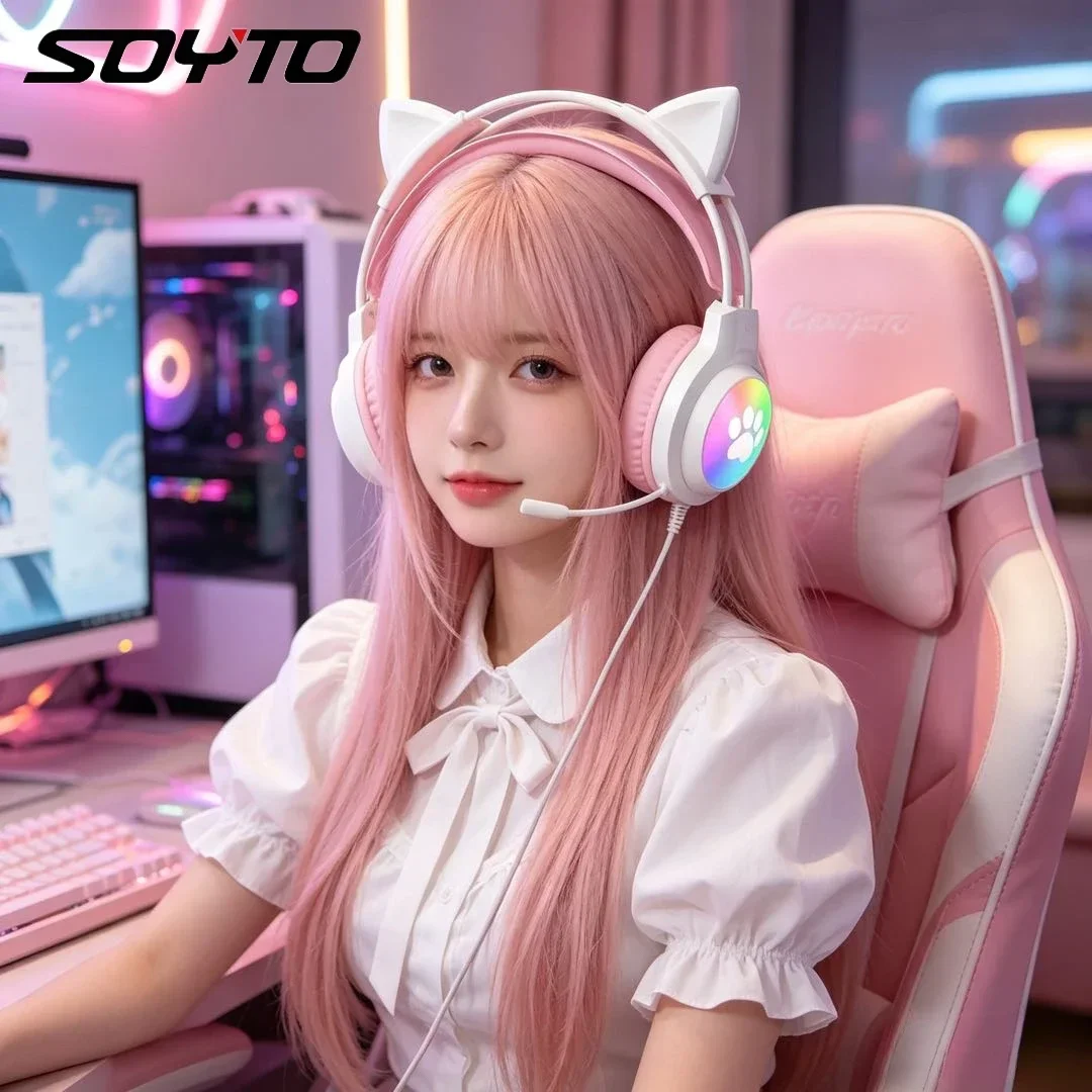 소이토 핑크 고양이 귀 게이밍 헤드셋 유선 헤드폰 RGB LED 조명 마이크 소음 제거 스테레오 사운드 PC 노트북 게이머 소녀용