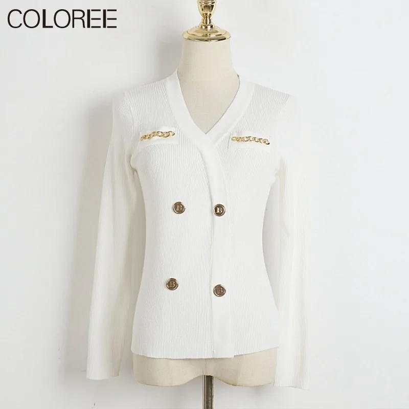 

Luxury Double Breasted Pullover Women 2023 Korean Style Elegant V-neck Long Sleeve Top Mujer White Black Knitted Sweaters