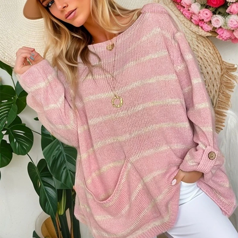 

Women Knit Sweater Contrasting Stripe Contrast Pullovers Long Sleeve O-neck Pocket Loose Jumpers American Vintage Streetwear