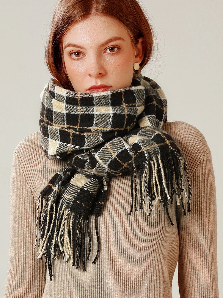 GOPLUS de Invierno para Mujer, bufandas negras cálidas cuadros de estilo coreano, Echarpe, Hiver Luxe, Foulard para Mujer|Bufandas de mujer| -