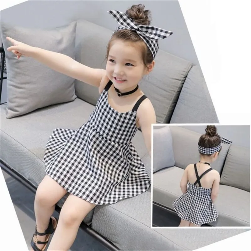 Summer Kids Dress Toddler Girls Princess Plaid Strap Dress Kids Baby Sleeveless Dresses Outfits Vestido Festa Infantil 1-5Years