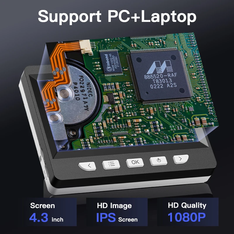 4.3인치 IPS 스크린이 장착된 디지털 현미경 1600X 코인 현미경 2MP USB 전문 전자 현미경(시계 PCB 수리용)