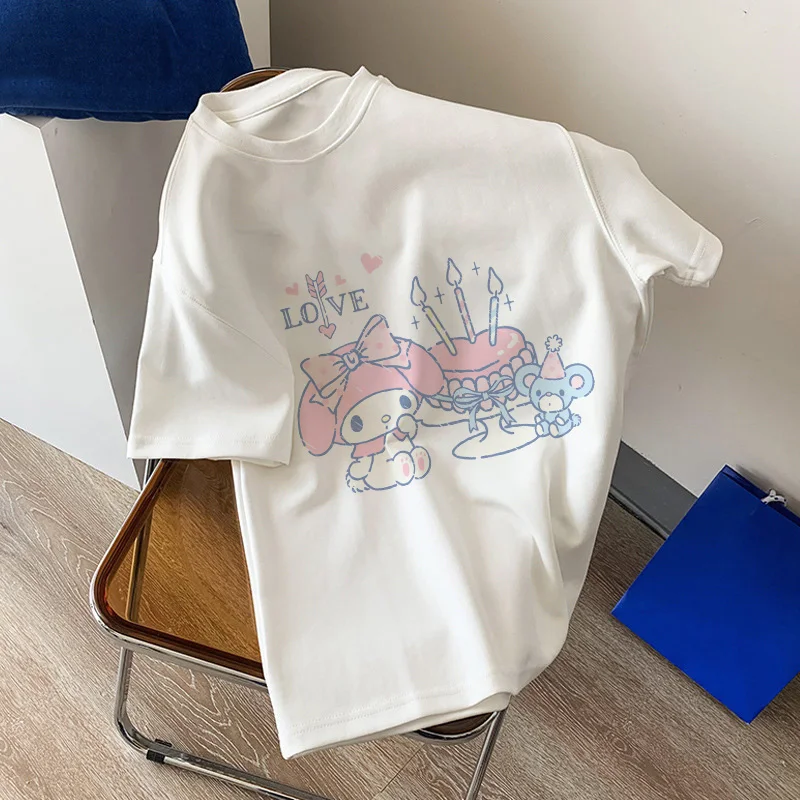 

Melody Kuromi Cotton T-shirt Anime Sanrio Women T Shirts Kawaii Cartoons Casual Clothes Fashion Unisex Streetwear Oversized Tops