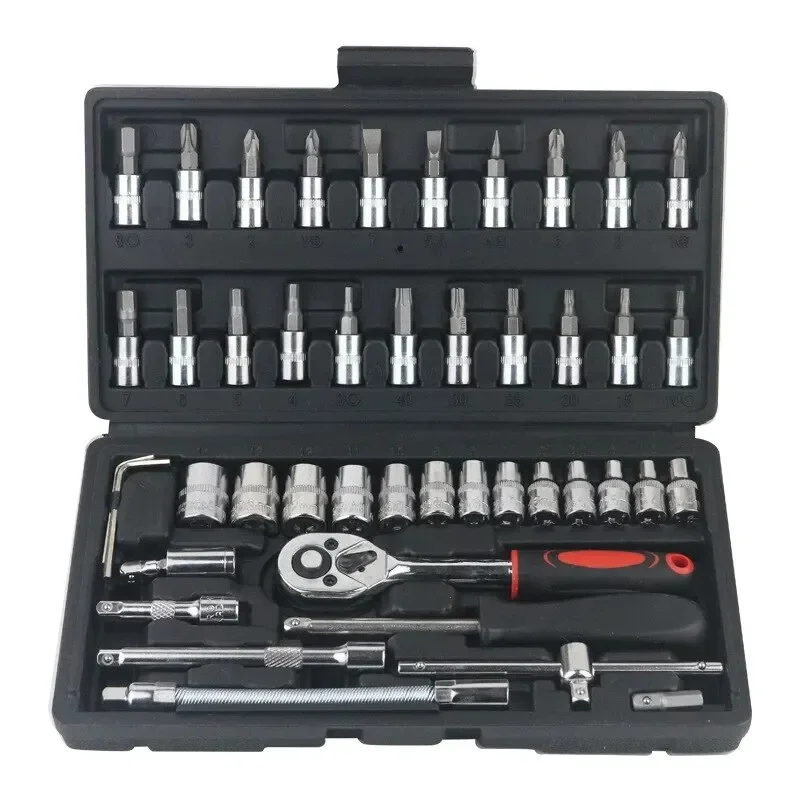 

46PCS Hand Tool Set Repair Tool Kit Mechanical Tools Box for Home DIY 1/4" Socket Wrench Set Car Repair Ratchet Screwdriver Bits