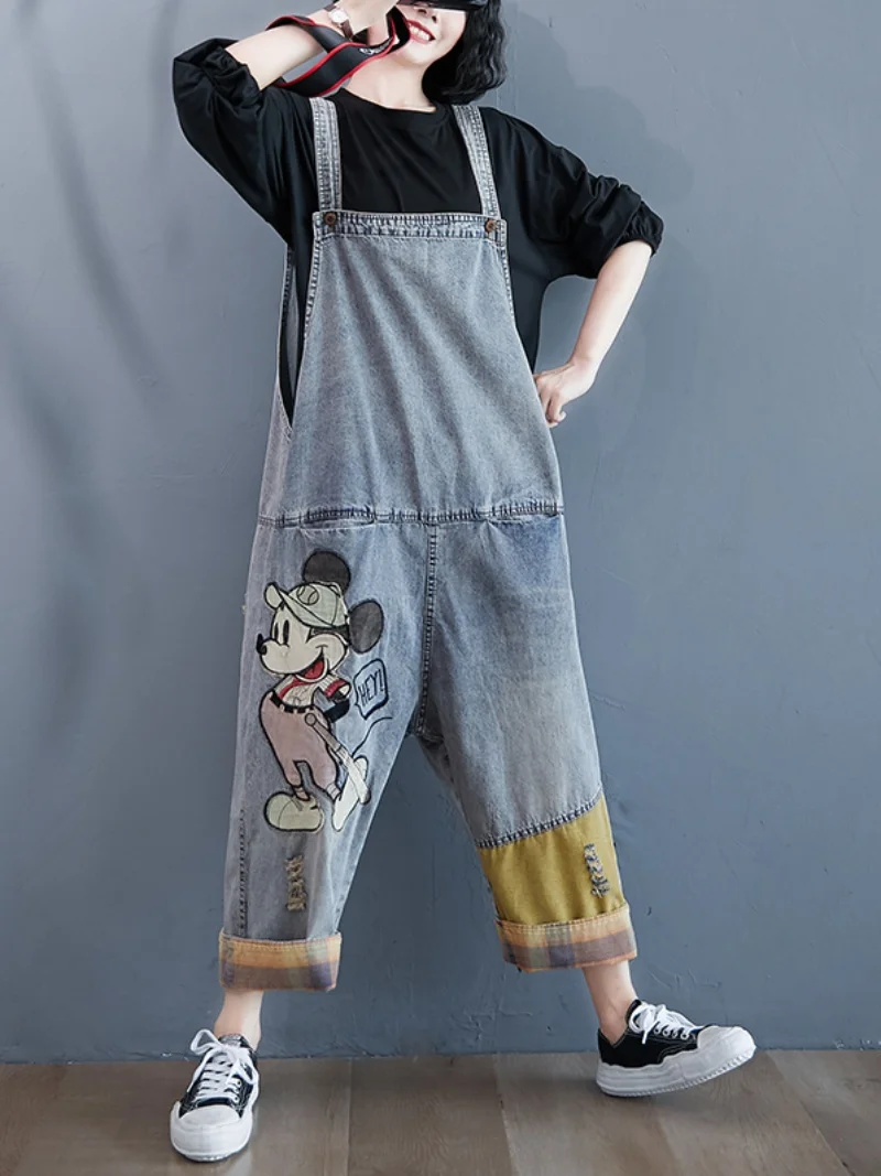 Light Blue Casual Denim Overalls Women's High Waist Nine-Piece Cartoon Print Loose Fit Jeans Summer 2023 Faion Trend