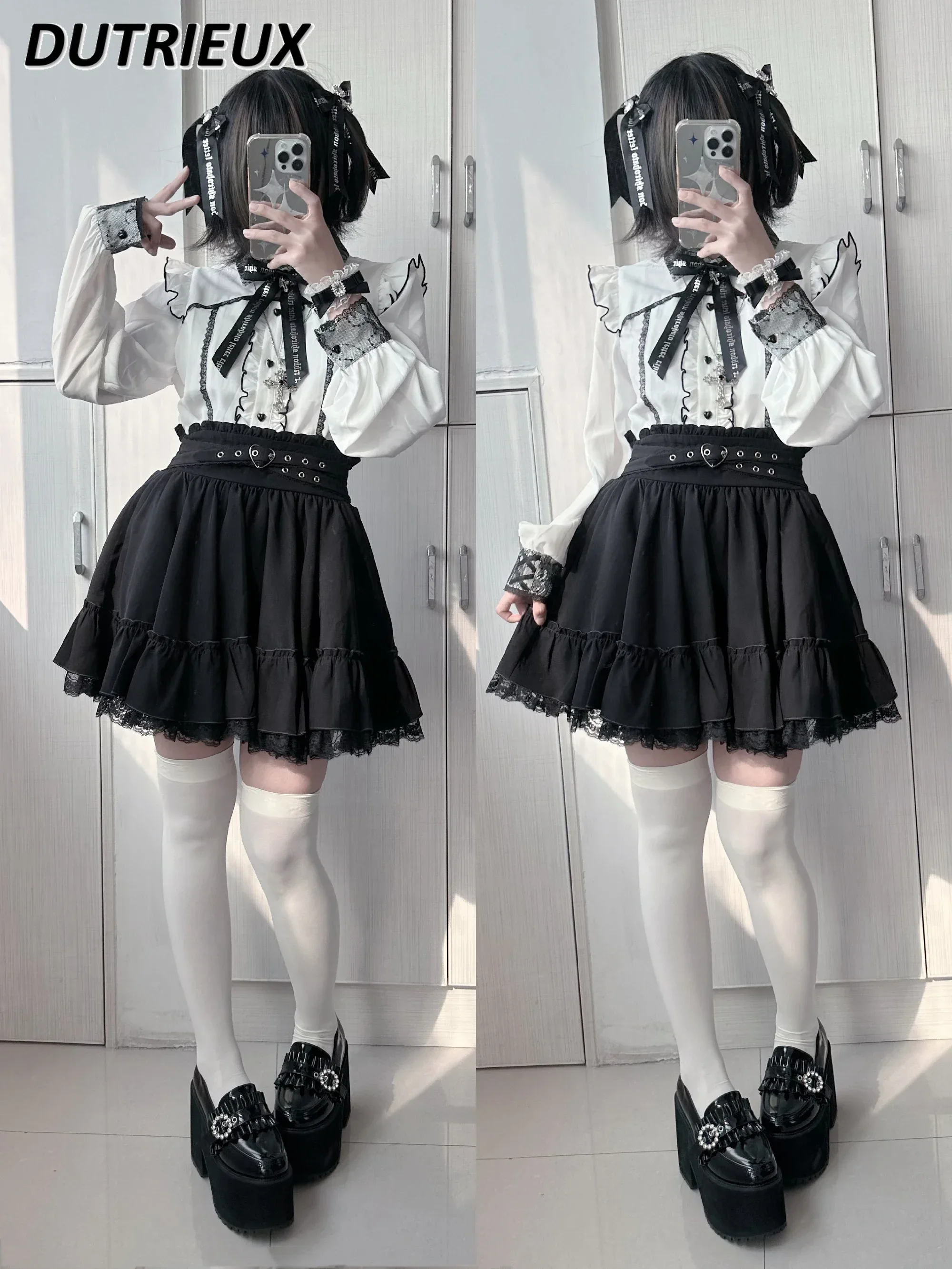 

2023 Autumn Winter New Lace Collar Ribbon Bow Long Sleeve Shirt Women's Top Mine Japanese Style Cool Halloween Blusas Femininas