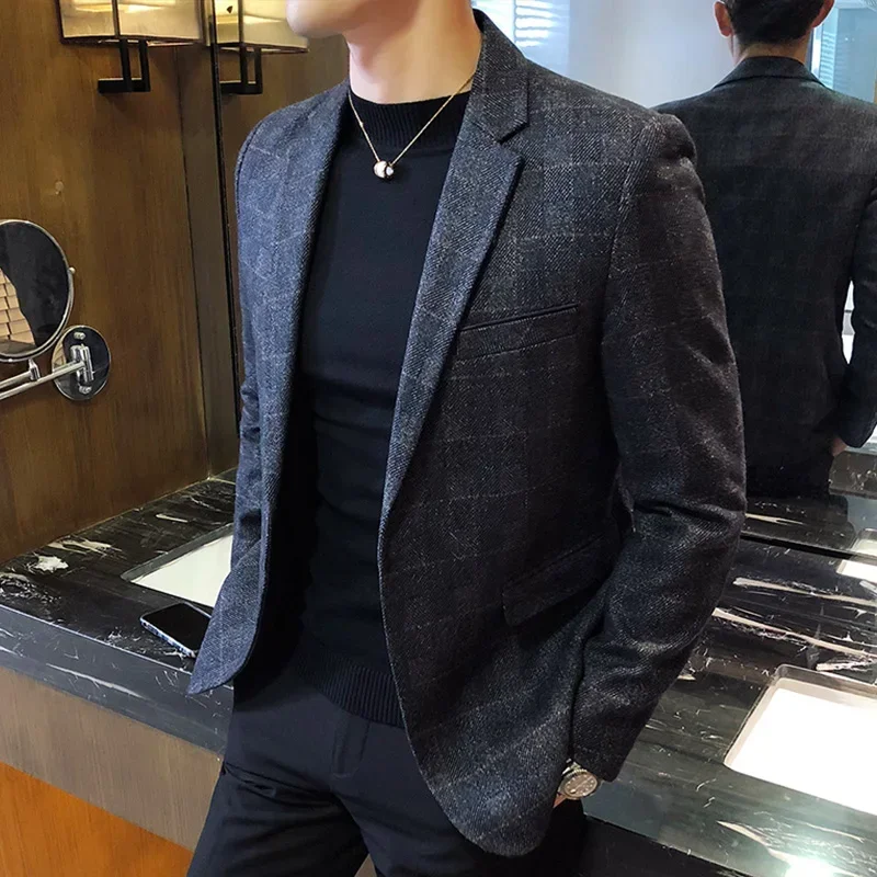 Men Suits Jackets British Style Vintage Plaid Blazer Casual Slim Fit Single Button Plus Size M-5XL