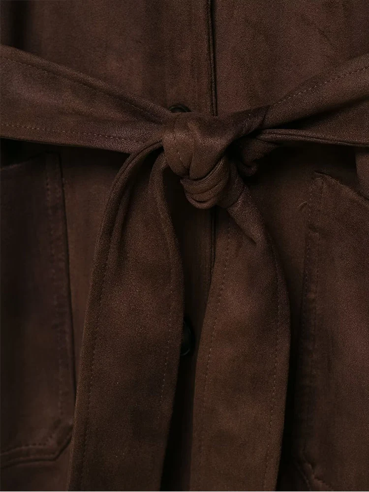 Woman's Suede Jacket With Belt 2025 Autumn Maillard Color Single Breasted Bowknot Belt Mid-length Coat Femme Elegant Warm Coat