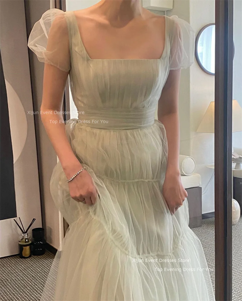 Xijun Fairy Tulle a 라인 웨딩 드레스 퍼프 반팔 댄스 파티 드레스 한국 2023 여성을위한 바닥 길이 신부 파티 드레스