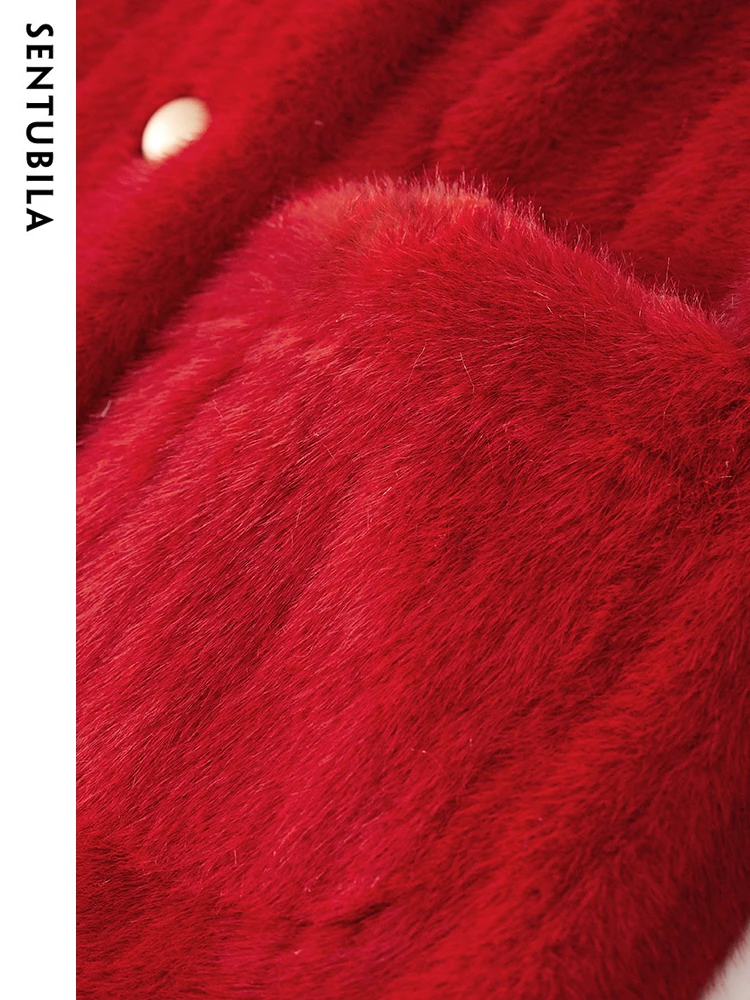 SENTUBILA Women's Imitation Rabbit Fleece Jacket 2023 Autumn Winter Elegant Crew Neck Double-breasted Plush Short Coat W34W50108