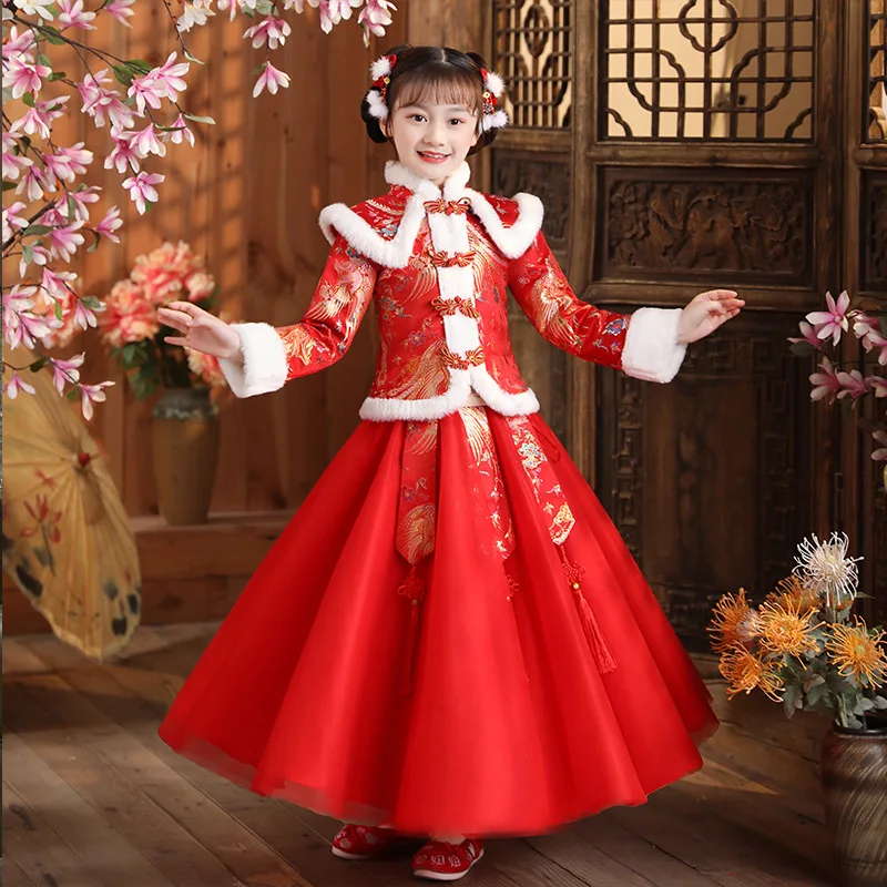 

Girls New Autumn Winter New Year Greeting Qipao Children Chinese Style Retro Ancient Hanfu Performance Princess Vestido Dress
