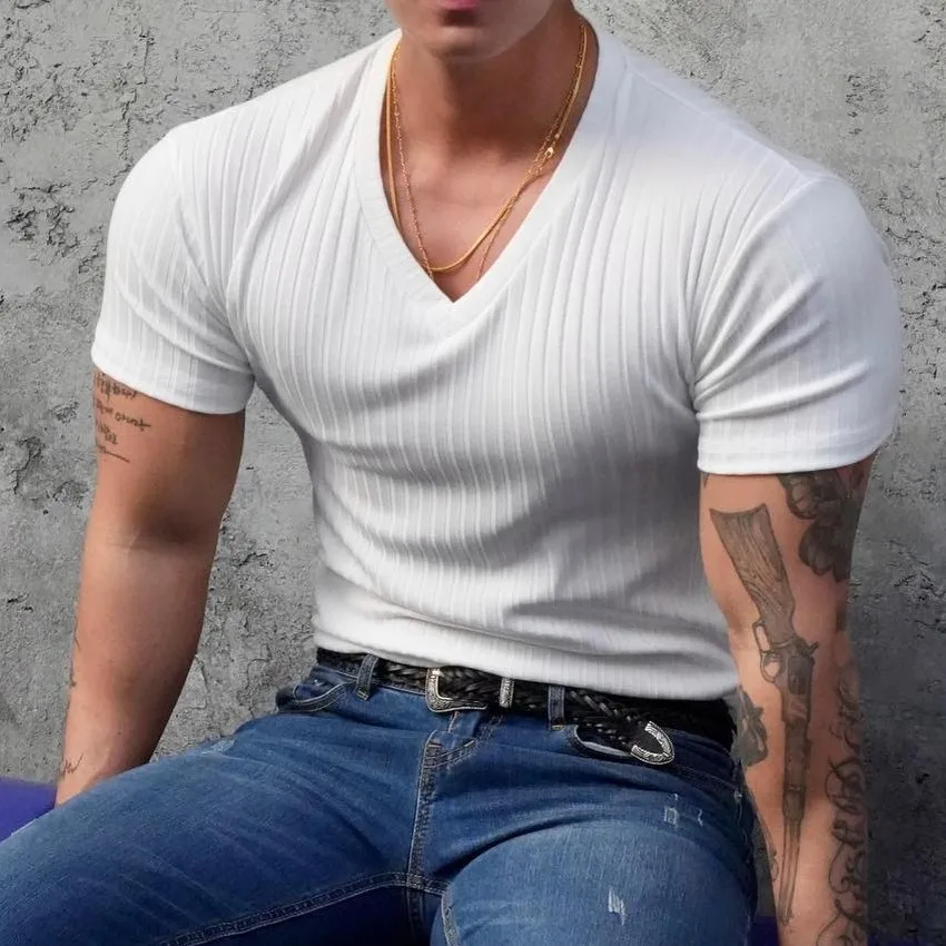 Summertime Men Fitness Slim Fit Sports Strips T-shirt Fashion Tees Tops Summer Knitted Gym Clothing  V Neck Short Sleeve T Shirt