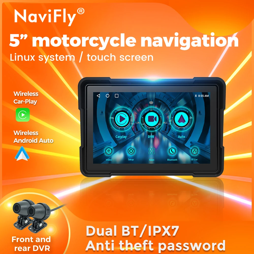 NaviFly 5 Inch Motorcycle Waterproof Wireless Android Auto Carplay Portable Monitor Link Navigation Dual DVR
