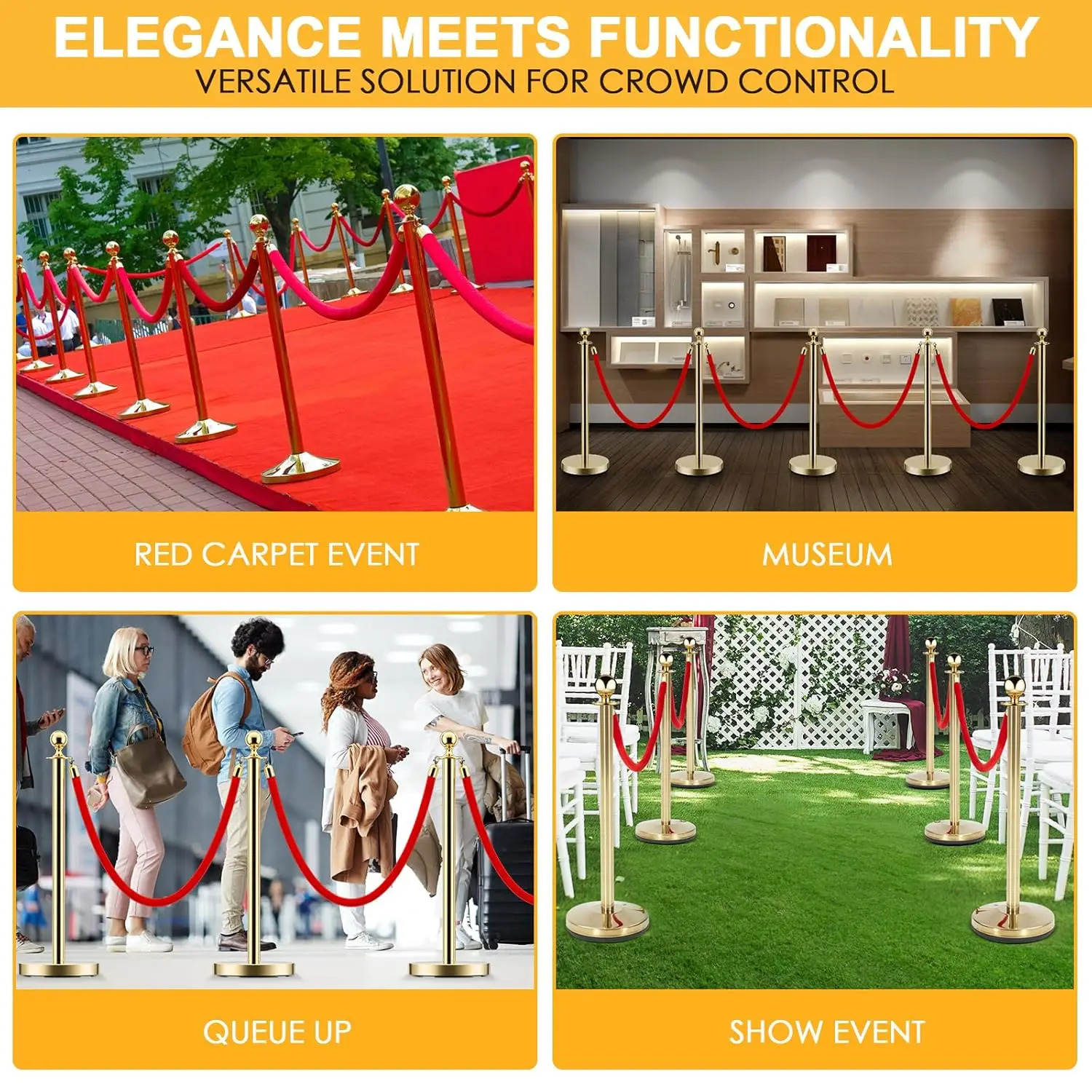 8 PCS Stainless Steel Stanchion Post Queue 5 ft Red Velvet Rope Red Carpet Ropes and Poles Crowd Control Barriers for Red 6