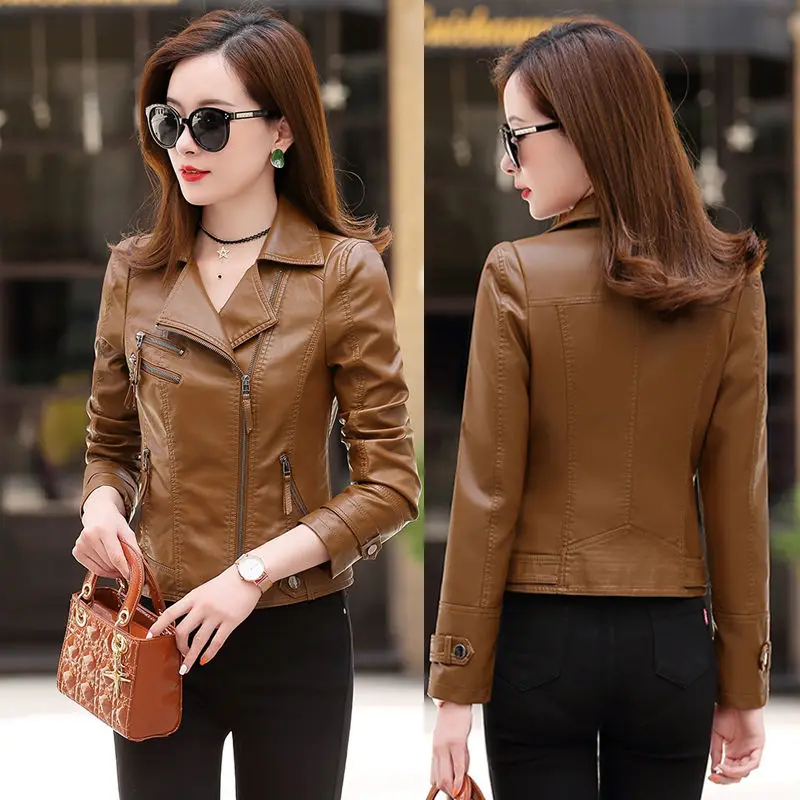 

Motorcycle PU Leather Jacket Women Autumn New Fashion Coat Solid Color Zipper Outerwear Jacket New 2023 Coat HOT SALE J362
