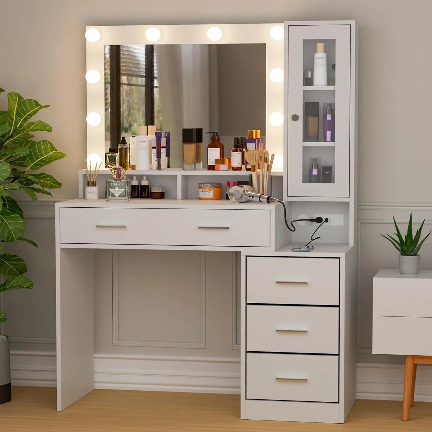 Makeup Vanity with Charging Station, Makeup Vanity Desk with Mirror and Lights, Dressing Table Nightstand Drawers &