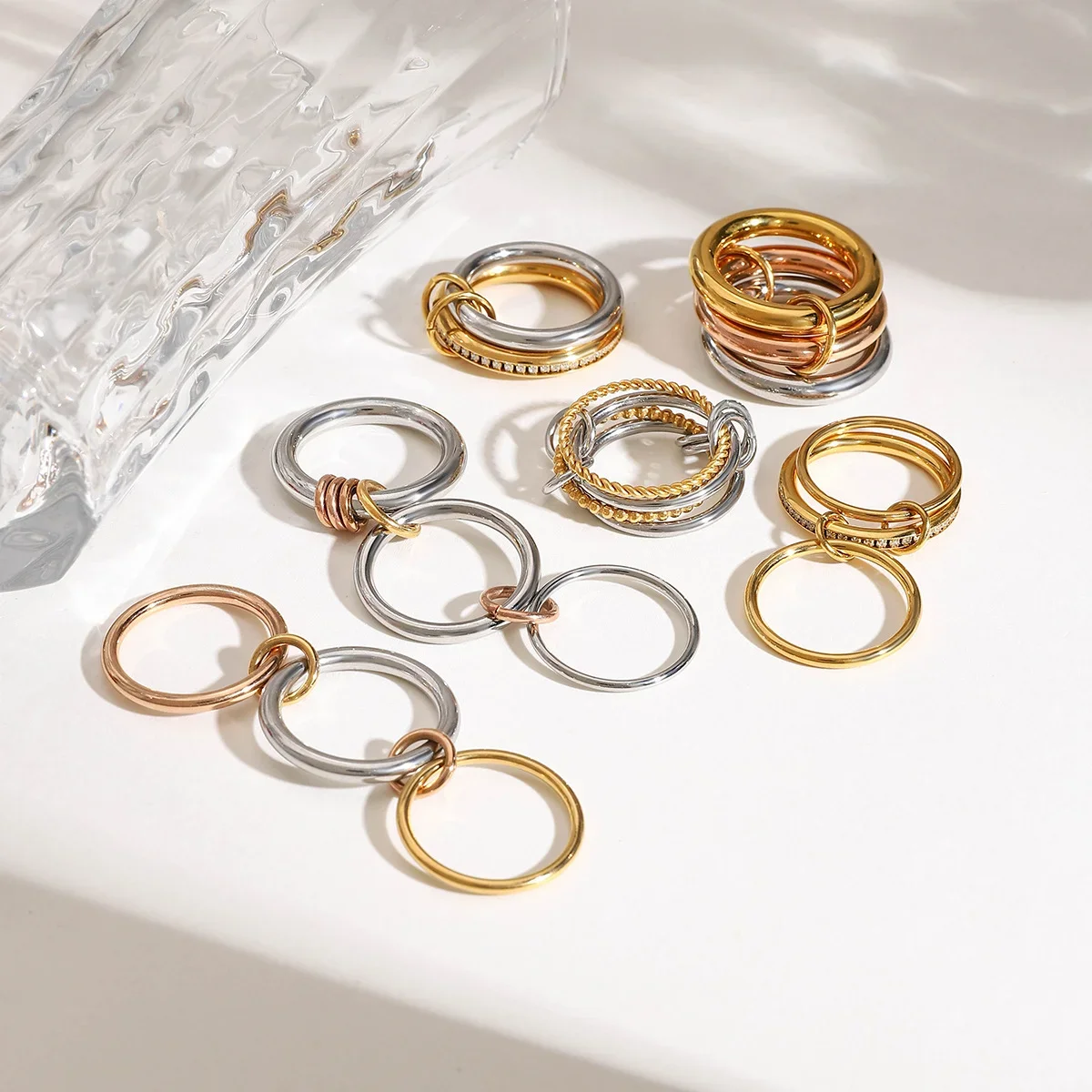 Finger Rings 316 Stainless Steel PVD Mixed Metals Multi Layered Shiny CZ Zircon Stackable Ring Set Non Tarnish Dainty Jewelry